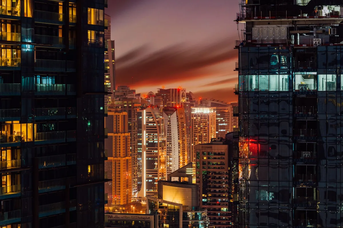Dubai business district skyline representing the city's mainland and free zone licensing options