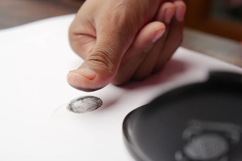 Fingerprint biometric scan being taken on paper, representing Emirates ID registration