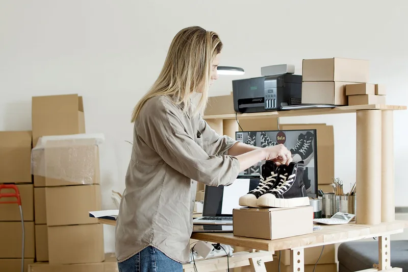 Online seller packing a product order into a shipping box