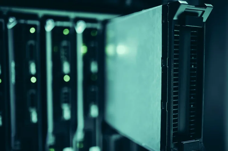 Rak server di pusat data, tempat website toko online disimpan dan dijalankan