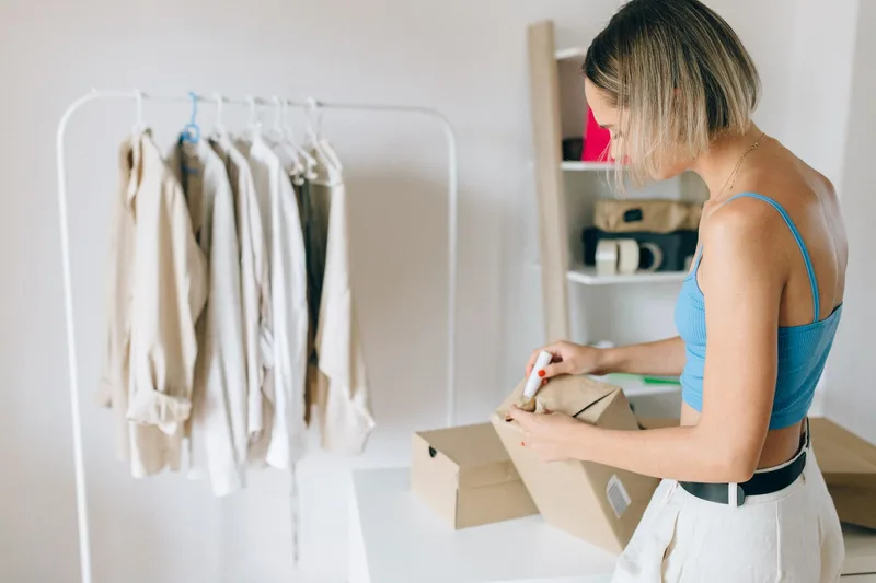 Small business owner packing an order into a shipping box